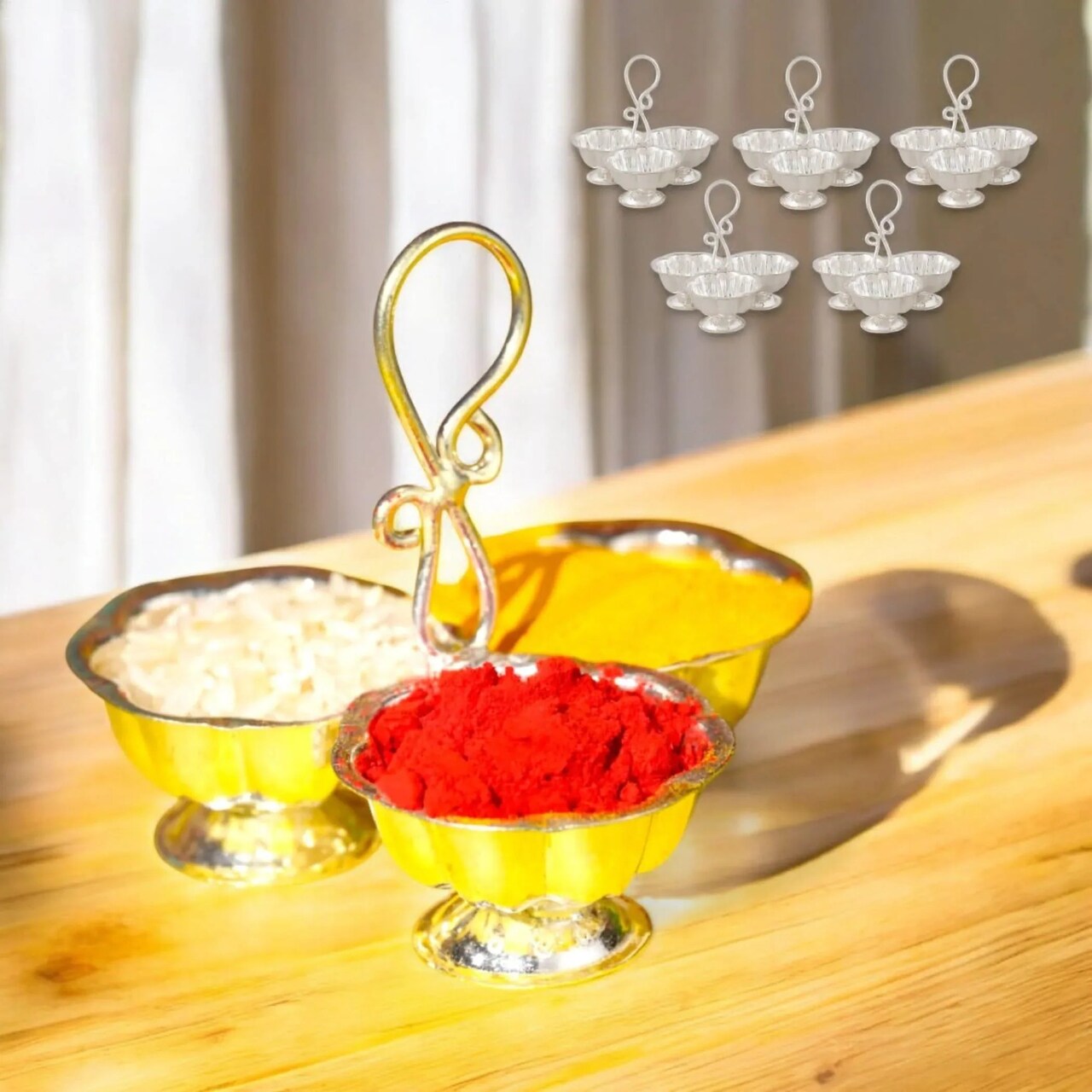 Silver Plated Haldi Kumkum Holder for Home Temple Decorative Haldi Kumkum Stand Diwali Gift Indian Festival Puja Wedding Favor Birthday Housewarming Return Gifts Roli Chawal/rice Holder